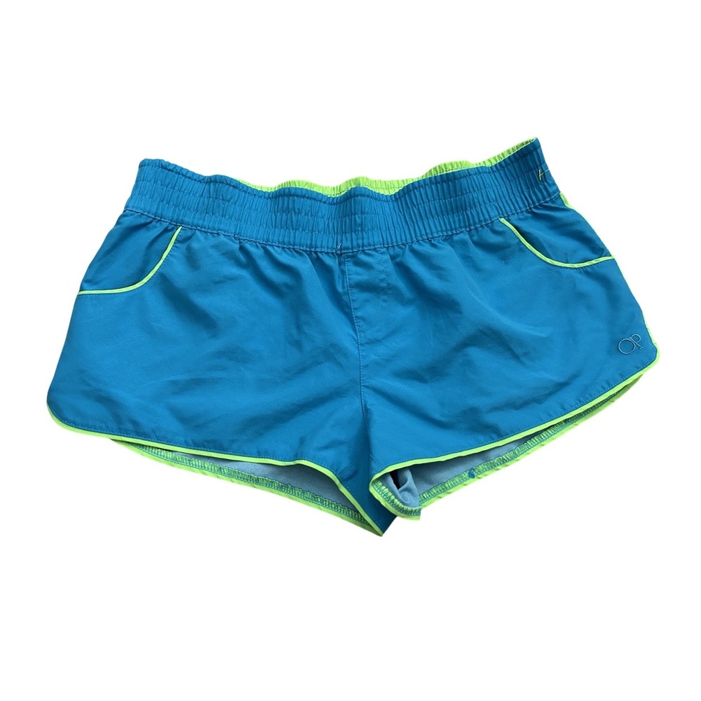 OP Board Shorts Womens Medium Cyan Blue Neon Green Excellent Dolphin Swim Trunks